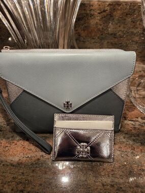 Tory Burch Envelope Wristlet and Card Holder Light Blue, Grey, & Metallic Silver